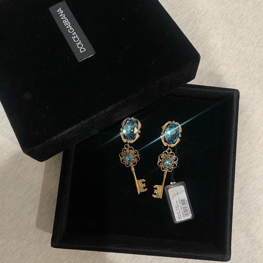 Dolce & Gabbana Gold and Blue Key Earrings - Picture 2 of 7